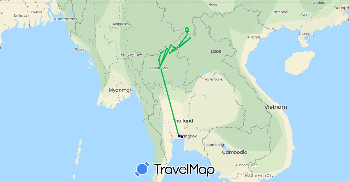 TravelMap itinerary: driving, bus in Laos, Myanmar (Burma), Thailand (Asia)